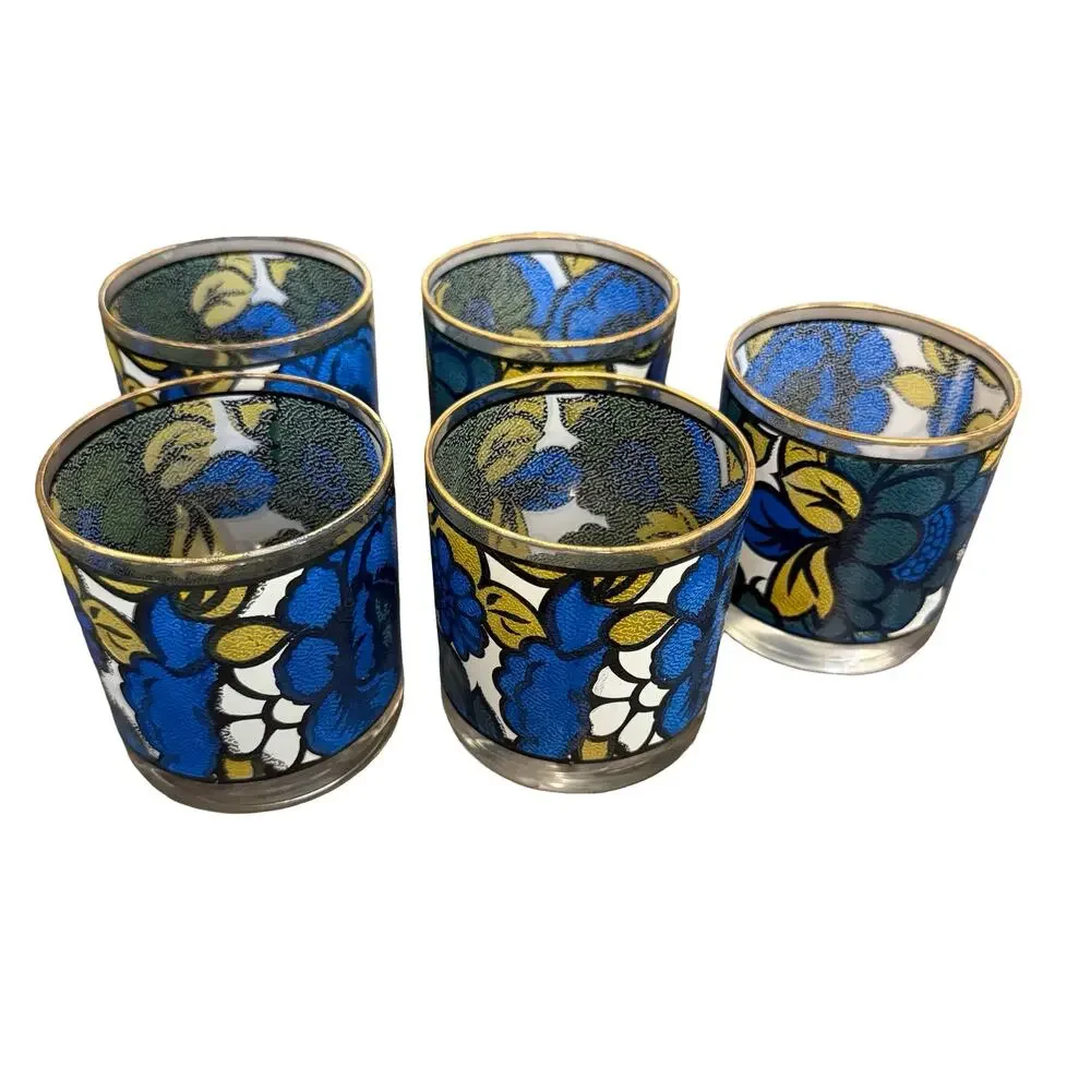 Vintage 1960s CCC Hazel Atlas Blue Yellow Floral Faux Stained Glass Set of 5 - Picture 15 of 16